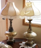 Pair of Gold-Colored Glass and Brass Table Lamps