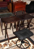 Set of Dark Wood TV Trays, Magazine Holder, and Stool