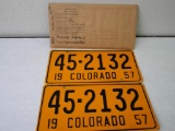 1957 Colorado License Plate Pair!