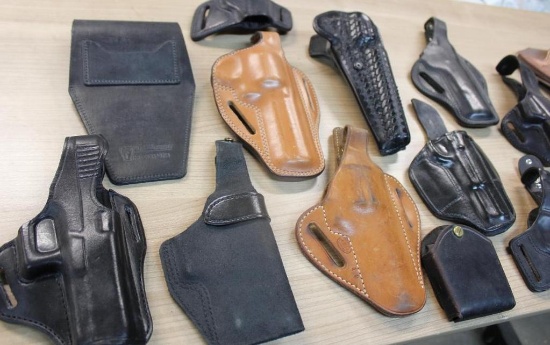 13 Mixed Leather Handgun Holsters and Ammo Holster