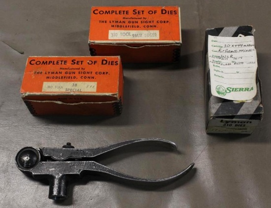 Lyman Ideal 310 Reloading Tool with Dies Labeled 38 Spl, 9mm Luger, and 44 Spl