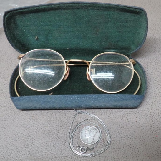 Wire Rim Glasses, Mercury Dime and Chain