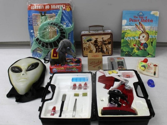 Metal Lone Ranger Lunch Box, Tasco Microscope, Jumbo Bubble Blowing Elephant Toy, Costumes, and More