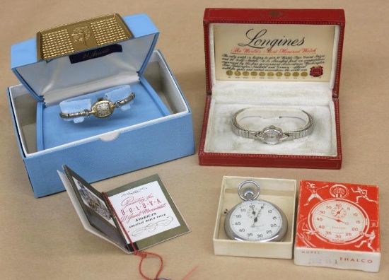 Two Ladies' Watches and Thalco Stopwatch in Original Packaging