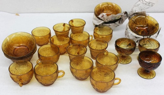 Approximately 28 Pieces of Amber Glass Bowls and Cups
