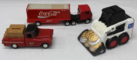 GM Diecast 1955 Chevy Coors Coin Bank, Coca-Cola Truck, and Bobcat Bank