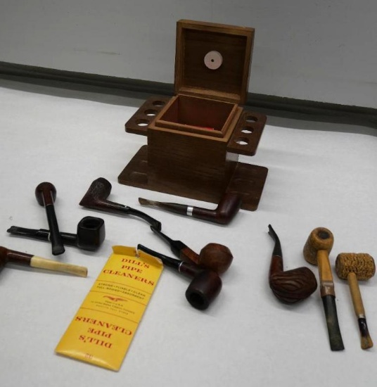 Nine Tobacco Pipes & Wooden Pipe Box