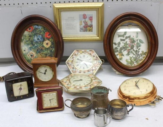 Vintage Clock Collection with Mixed Metal Vessels and Framed Art