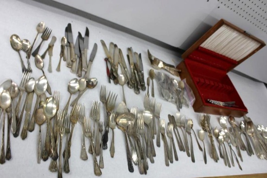 Massive Collection of Silver Plate Flatware and More in Wood Box