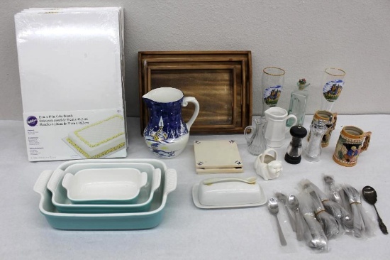 Blue and White Porcelain Baking Dishes, Wood Trays, and Other Kitchen Goods