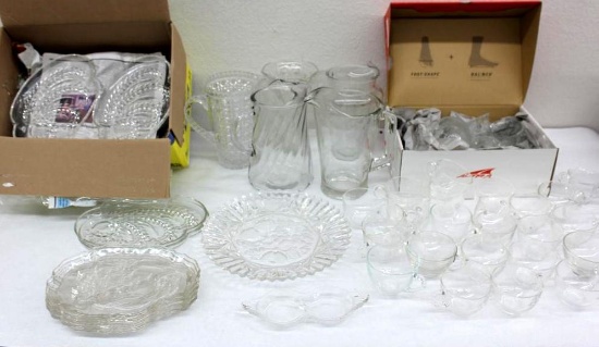 Sets of Clear Glass Punch Cups, Snack Plates, Pitchers, and More