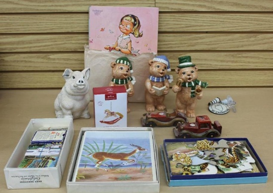 Mixed Ceramic Figures, Puzzles, Wood Cars, and More