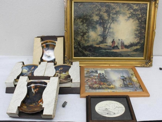 Four Norman Rockwell Plates and Framed Art