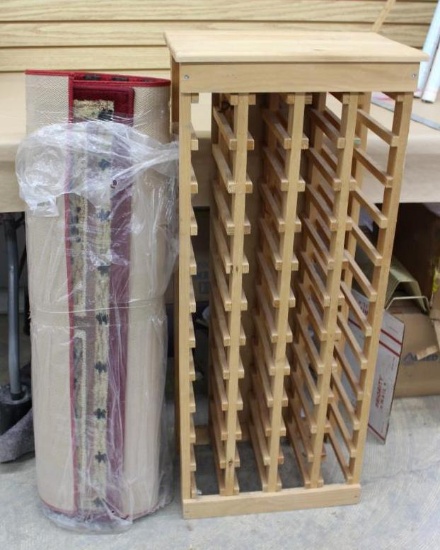 Wood Wine Rack and Two Medium Area Rugs