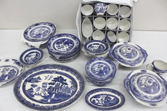Willow by Johnson Bros. and Old Willow Staffordshire Blue and White Porcelain Dining Set