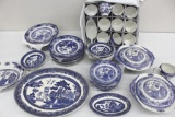 Willow by Johnson Bros. and Old Willow Staffordshire Blue and White Porcelain Dining Set