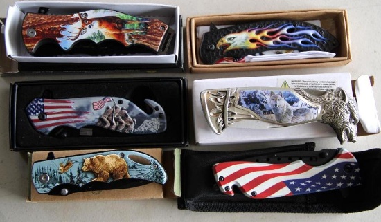 Six Novelty Folding Knives in Original Packaging or Sheath