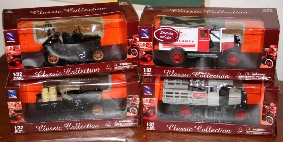 Four New Ray Classic Collection 1:32 Scale Die Cast Trucks