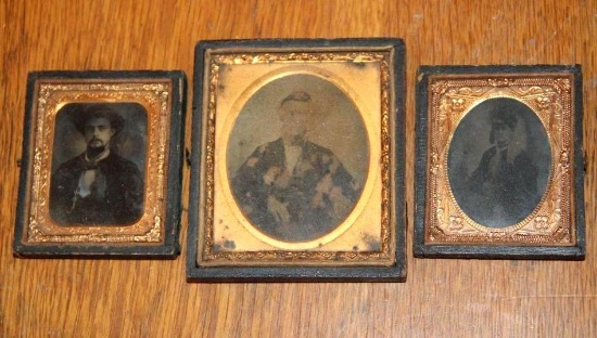 Three Antique Photos in Frames, Appearance of Daguerreotype and Ambrotype Photos
