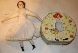 Antique Porcelain Doll with Cloth Body and Lunchbox