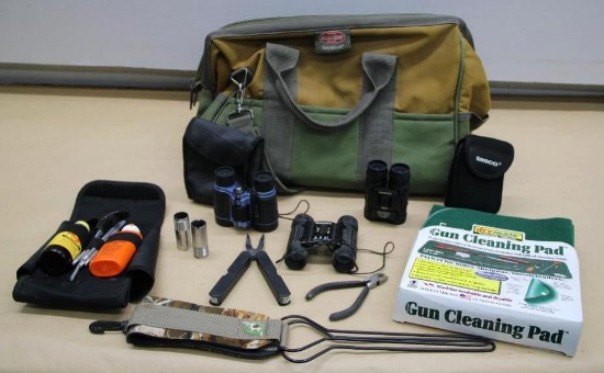 Canvas Carrying Bag with Gun Cleaning Supplies, Pocket Binoculars, and More