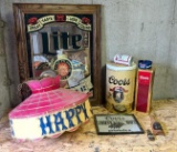 Coors Collectibles, Miller Lite Mirror, and Happy Joes Light Fixture