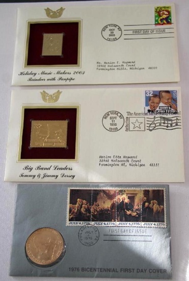 Two First Day Covers with Gold Replica Stamps and One with Token