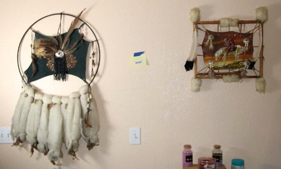 Beautiful Large Stretched Leather "Dream Catcher" and End of the Trail Art