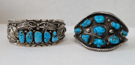 Artist Marked Turquoise and Sterling Bracelet Set
