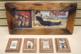 Framed Coca-Cola Advertisement and Four Small Sand Paintings