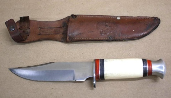 Unmarked Bone-Handle Hunting Knife in Leather Sheath