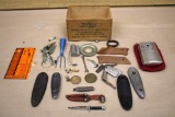Tiny Colonial Knife with Sheath and Mixed Hunting Accessories and Collectibles