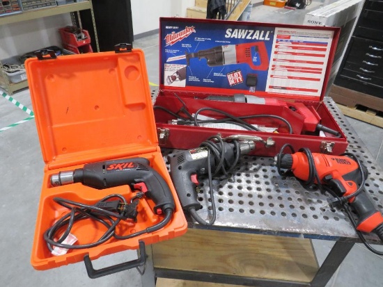 Milwaukee Heavy Duty Sawzall Reciprocating Saw and Three Corded Drills