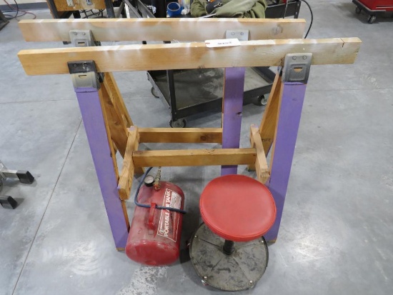 Air Tank, Rolling Shop Stool and Wooden Saw Horses