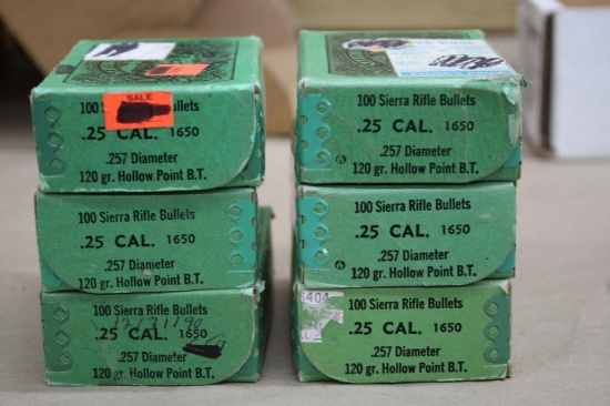 Six Boxes of 100 Sierra 25 Cal. 120 Grain HPBT Bullets for Reloading