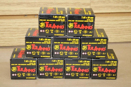 Nine Boxes of 20 Rounds TulAmmo 7.62 x 39mm Ammunition