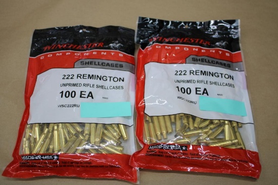 Two Packs of 100 Winchester 222 Remington Unprimed Brass Shellcasings
