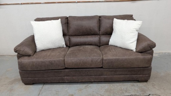 Brown Leather Couch w/ Throw Pillows