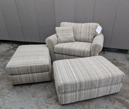 Striped Upholstery Oversized Chair with 2 Ottomans