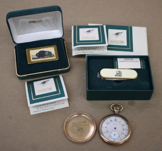 Barlow Money Clip and Folding Knife with Damaged Elgin Pocket Watch