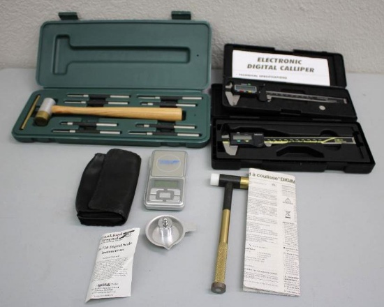 Weaver Hammer and Punch Set, Two Pairs Digital Calipers, Frankford Arsenal Scale, and More
