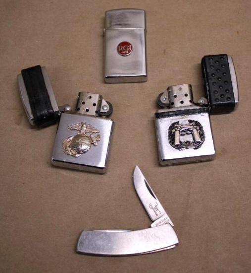 Three Zippo Lighters and Tiny Schrade Folding Knife