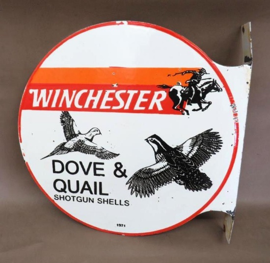 Winchester Dove and Quail Shotgun Shells Porcelain Flanged Advertising Sign