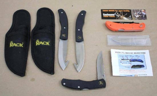Pair of Rack PRC Skinning Knives with One Folding Knife in Sheaths and Eastmans' Folding Knife