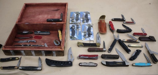 Box Full of Mixed Folding Knives, Novelty Knives, and More