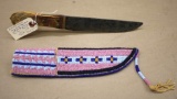 Beautiful Handmade Northern Plains Indian Horn Handle Knife and Beaded Sheath