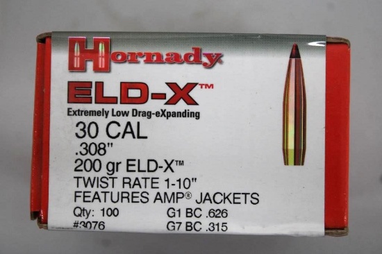 Box of 100 Hornady Eld-X 30 Caliber Bullets for Reloading