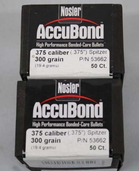 Two Boxes of 50 Nosler 375 Caliber Bullets for Reloading