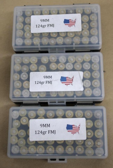 150 Rounds Commercially Reloaded 9mm FMJ Ammunition in Cases