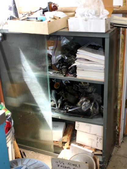 Shop Cabinet Filled with Mixed Antique Model A Parts and More Automotive Parts